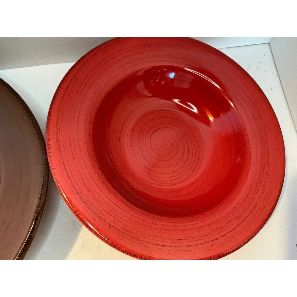 Tag Pasta Bowls Set of 2 Red Brown Wide Rim Stoneware 9 Inch Casual Dining